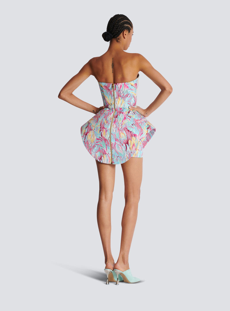 Peplum bustier dress with Feather print