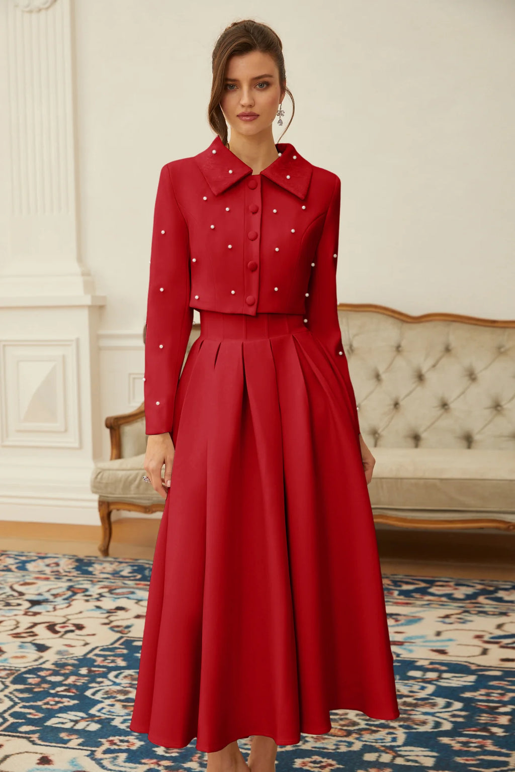 Maja Red Faux Pearl Jacket & Pleated Skirt Set