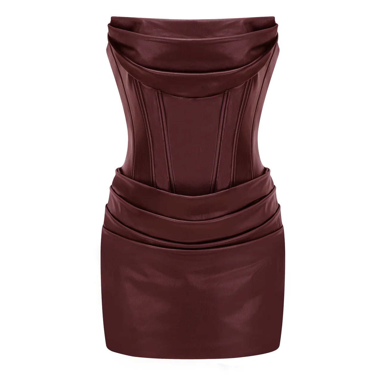 Agnes Brown Ruched Leather Bodycon Mini Dress