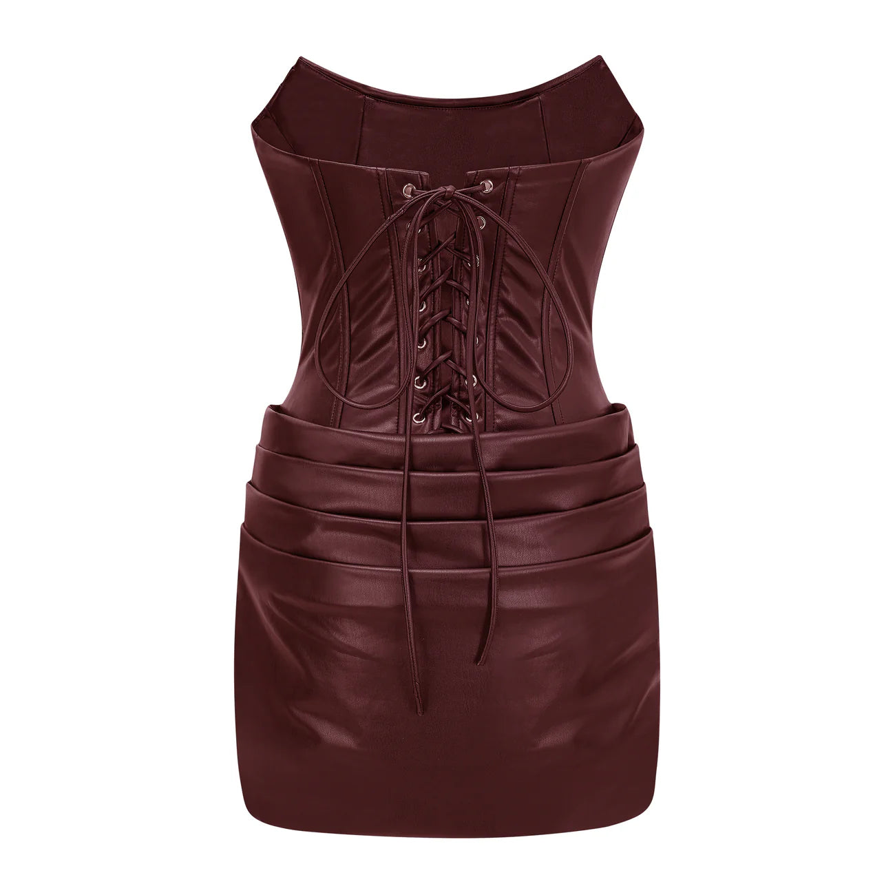 Agnes Brown Ruched Leather Bodycon Mini Dress