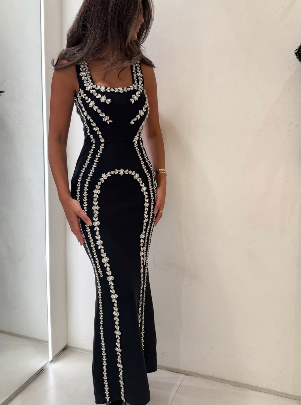 RHINESTONE - EMBELLISHED SQUARE - NECK MERMAID MAXI DRESS IN BLACK