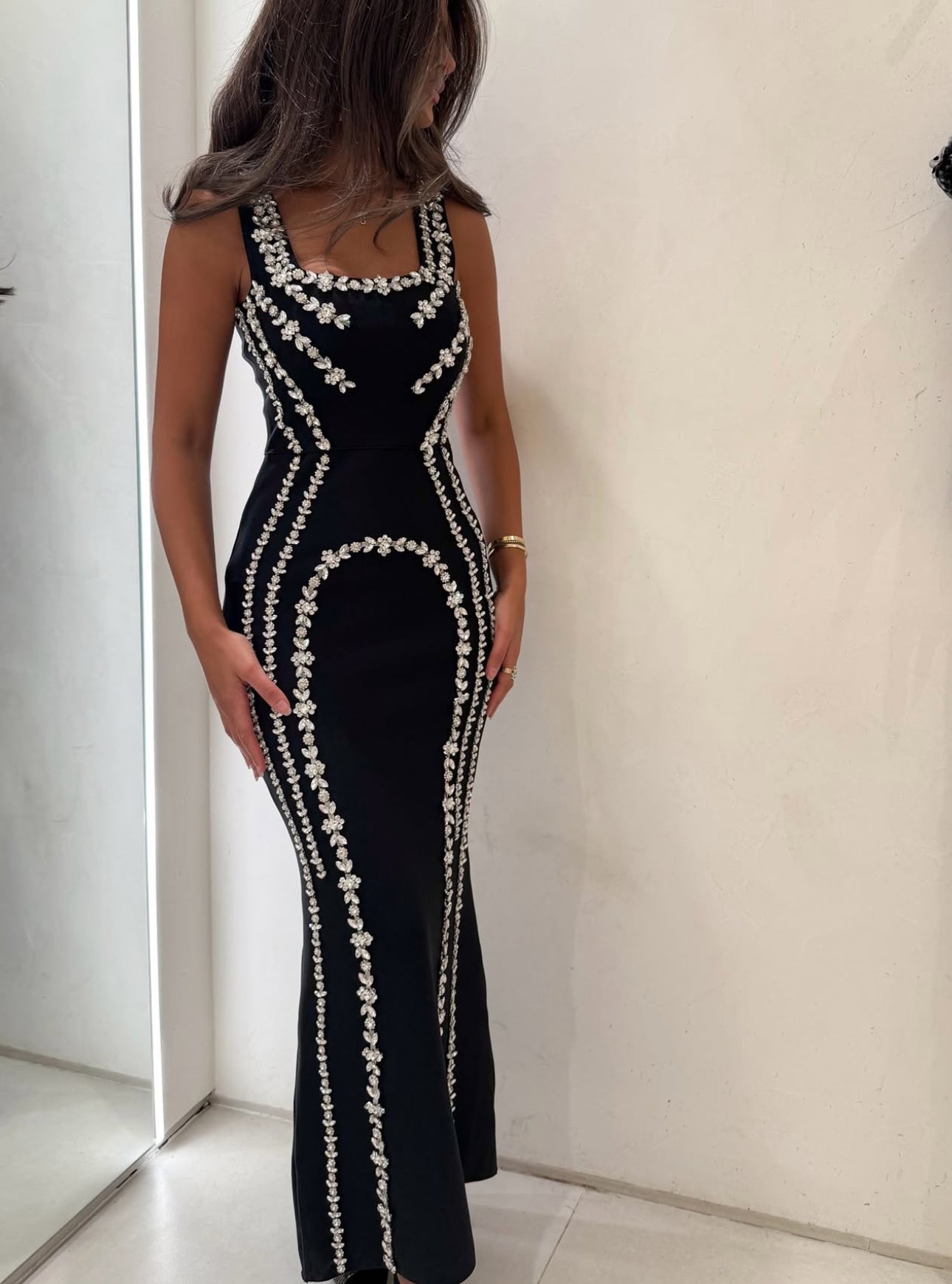 RHINESTONE - EMBELLISHED SQUARE - NECK MERMAID MAXI DRESS IN BLACK