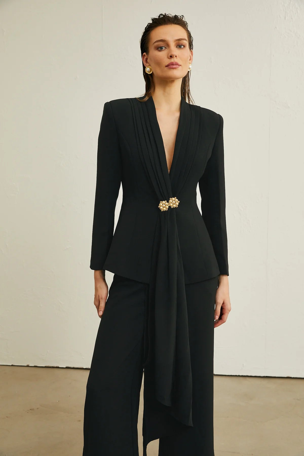 Suzanne black pleated jacket & trousers matching set