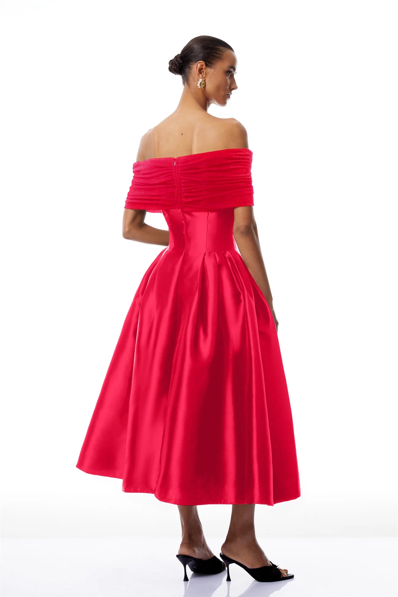 Ainara Red Off Shoulder Polished Midi Dress