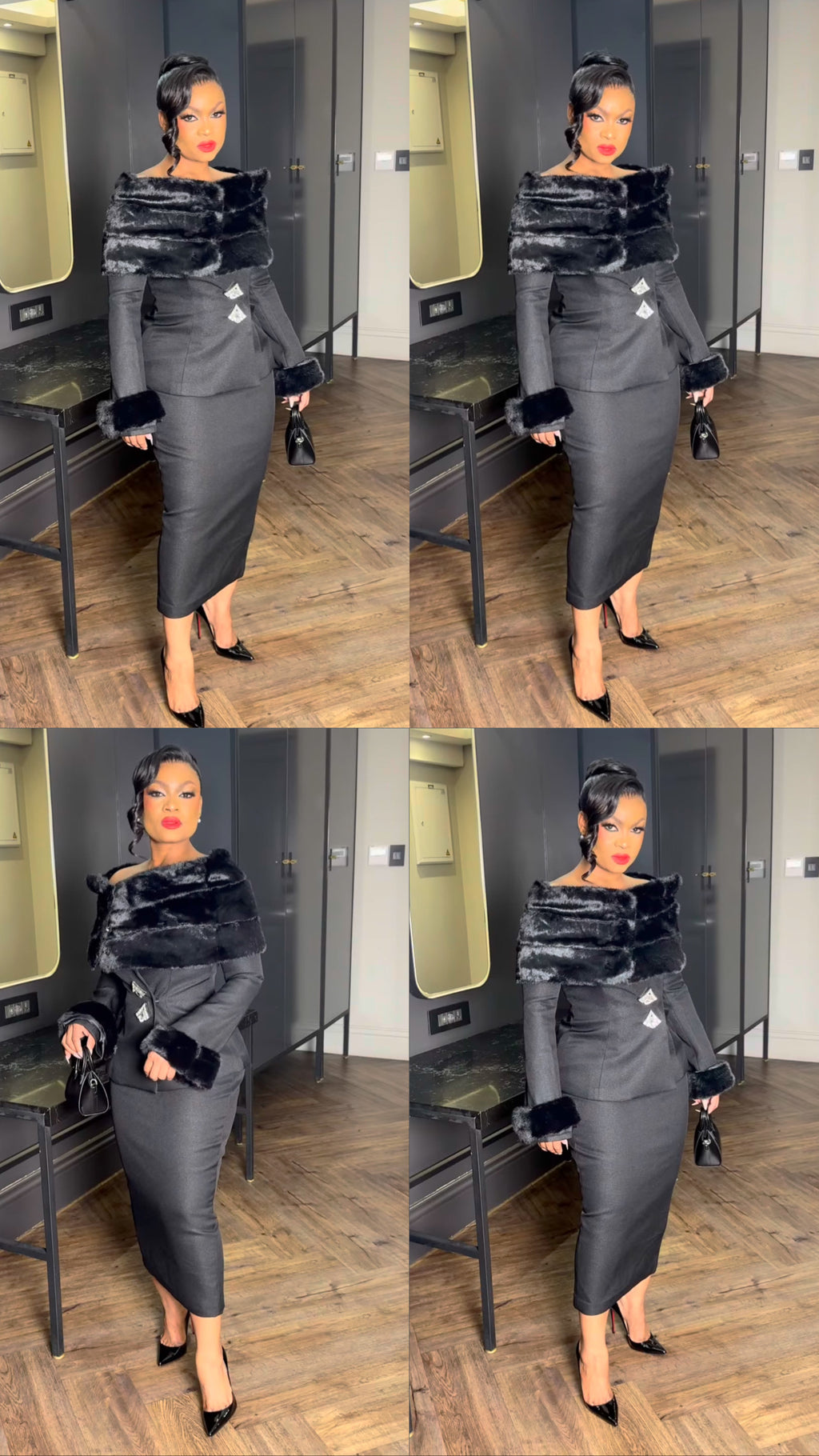 Two-Piece Ensemble With Faux Fur Shawl, Cuffs And Midi Skirt - Black