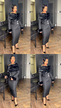 Two-Piece Ensemble With Faux Fur Shawl, Cuffs And Midi Skirt - Black