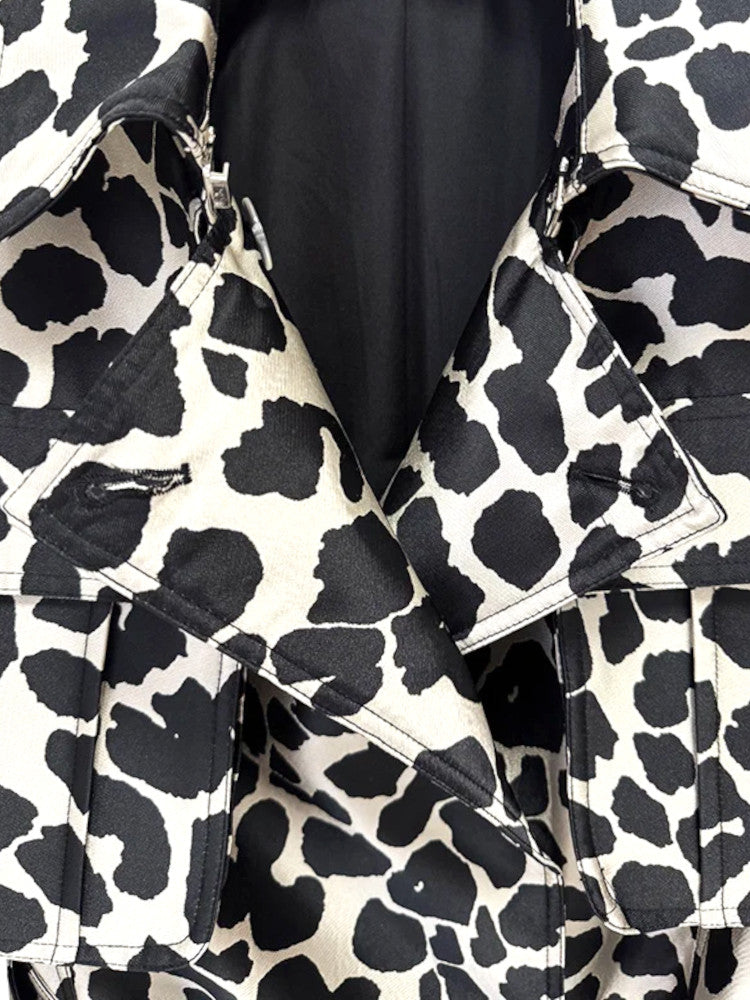 Animal Print Trench Coat Black White
