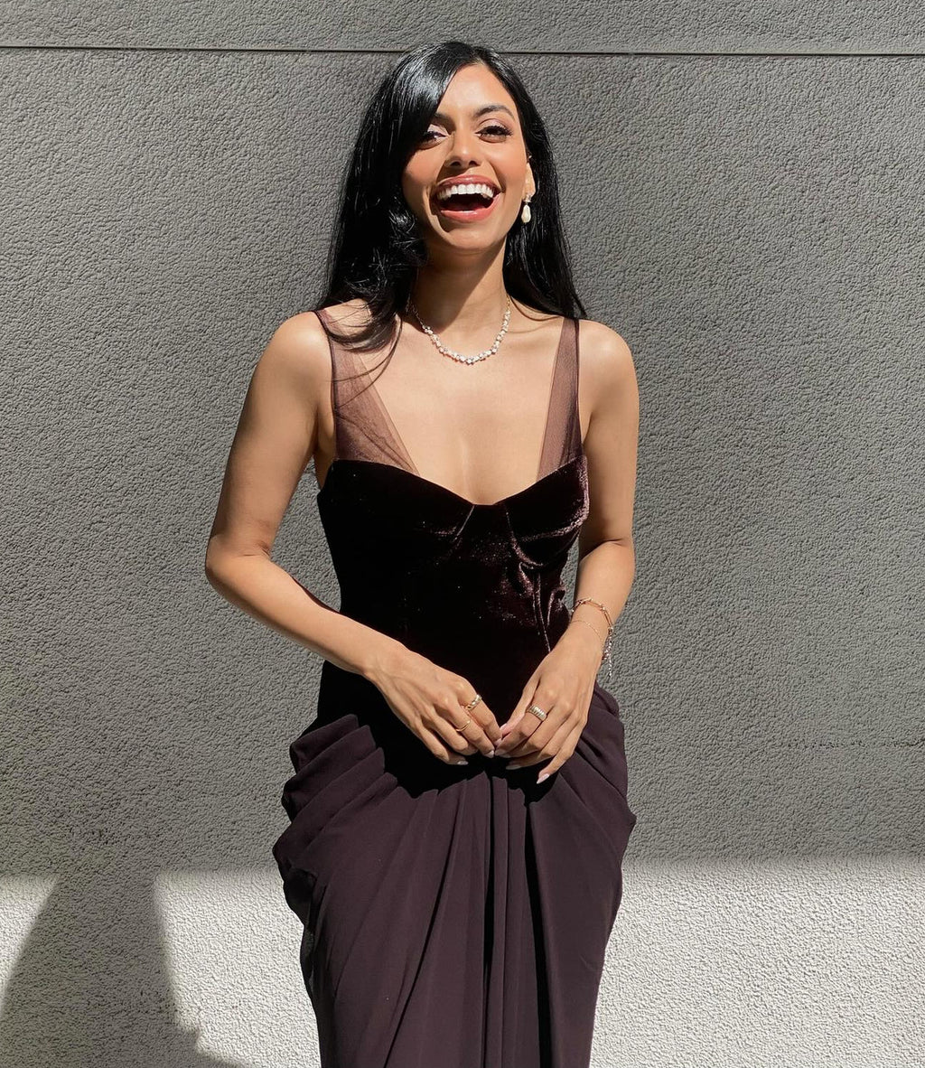 Velvet Bustier Draped Maxi Dress Brown