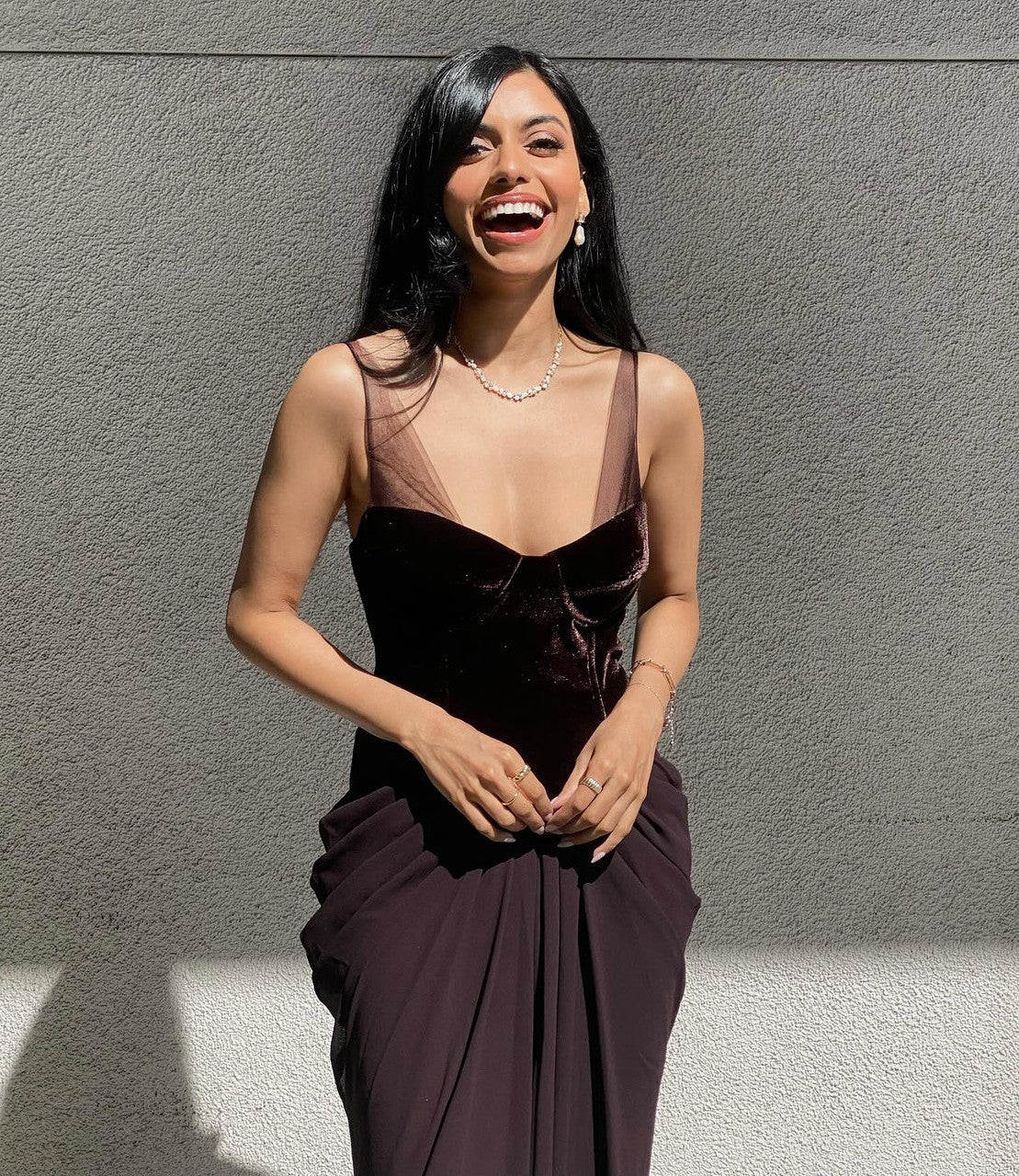 Velvet Bustier Draped Maxi Dress Brown