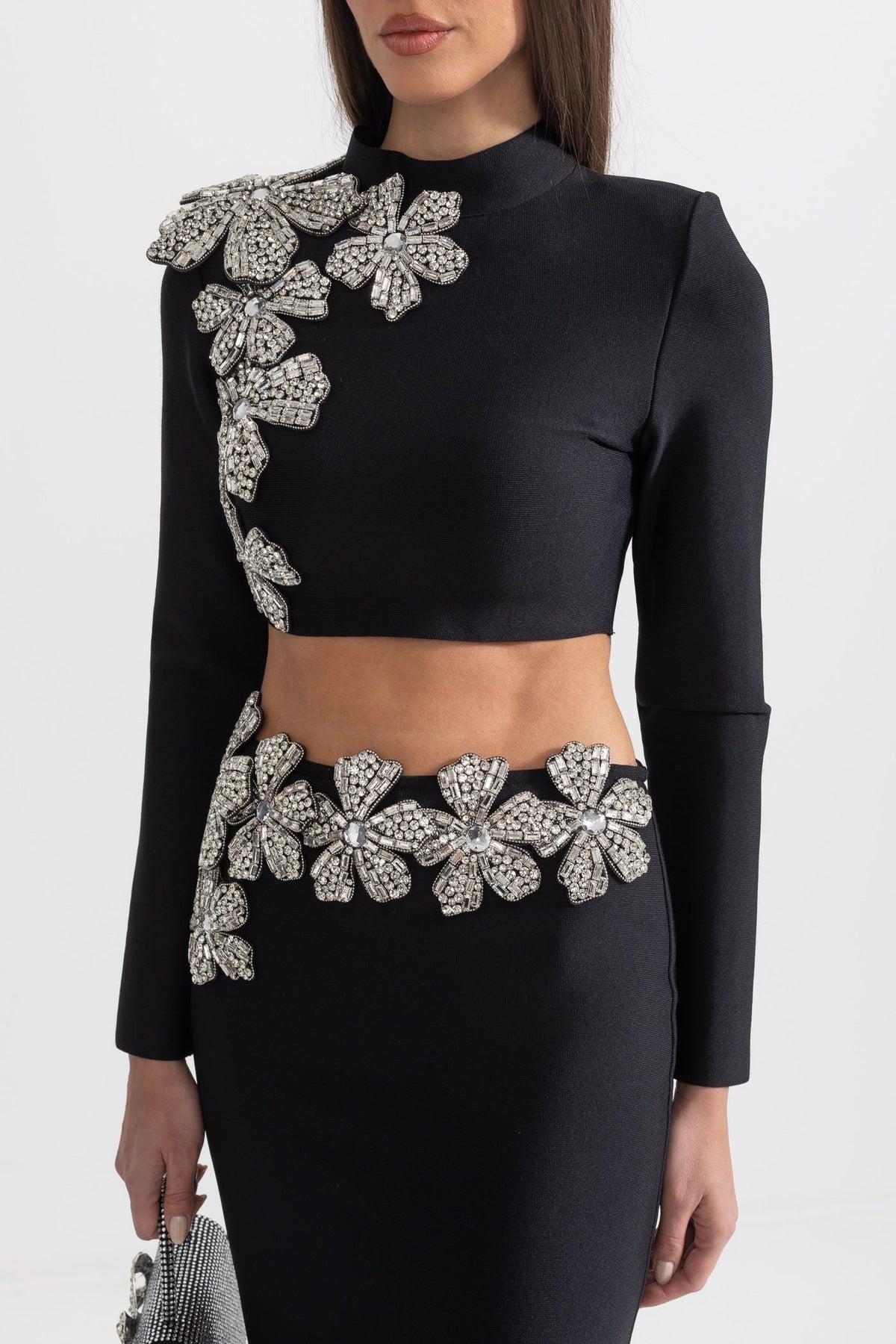 Black Diamond Flower Accent 2 Piece Set With Long Sleeves Top And Maxi Skirt