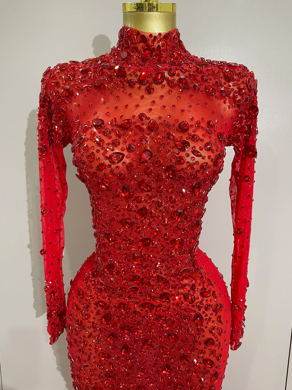 Sparkling Red Crystals Feathers Long Sleeve