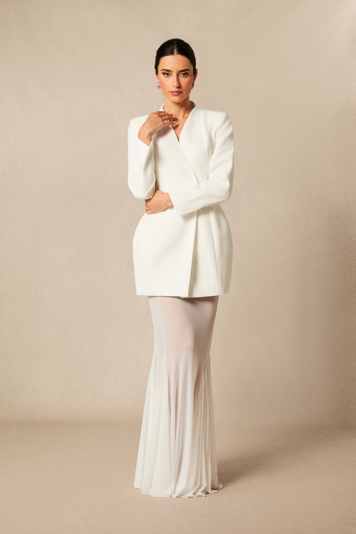 Myra Asymmetric Tailored Blazer & Sheer Mesh Skirt Set