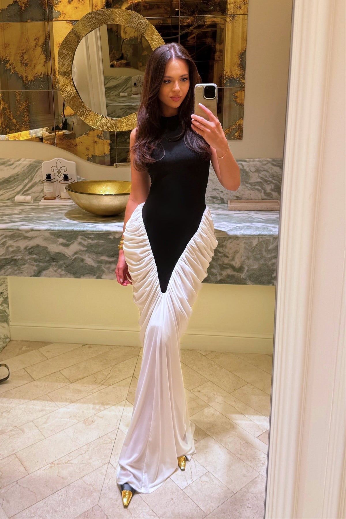 HALTER MAXI DRESS WITH CONTRASTING RUCHED PANELING - BLACK/WHITE