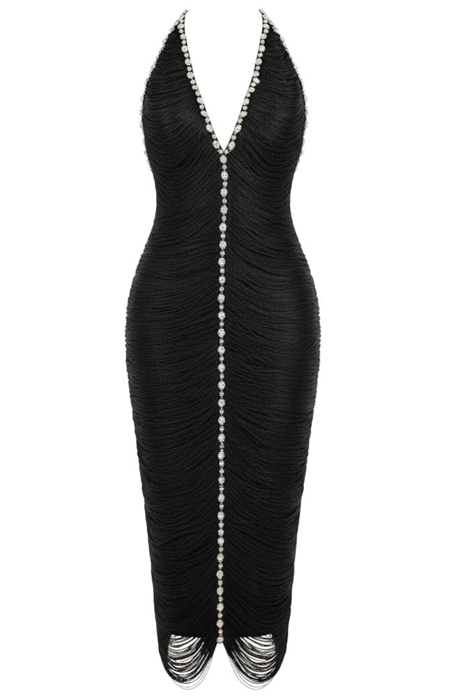 Stunned By You Black Deep V-Neck Fringe Midi Dress