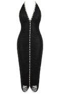Stunned By You Black Deep V-Neck Fringe Midi Dress