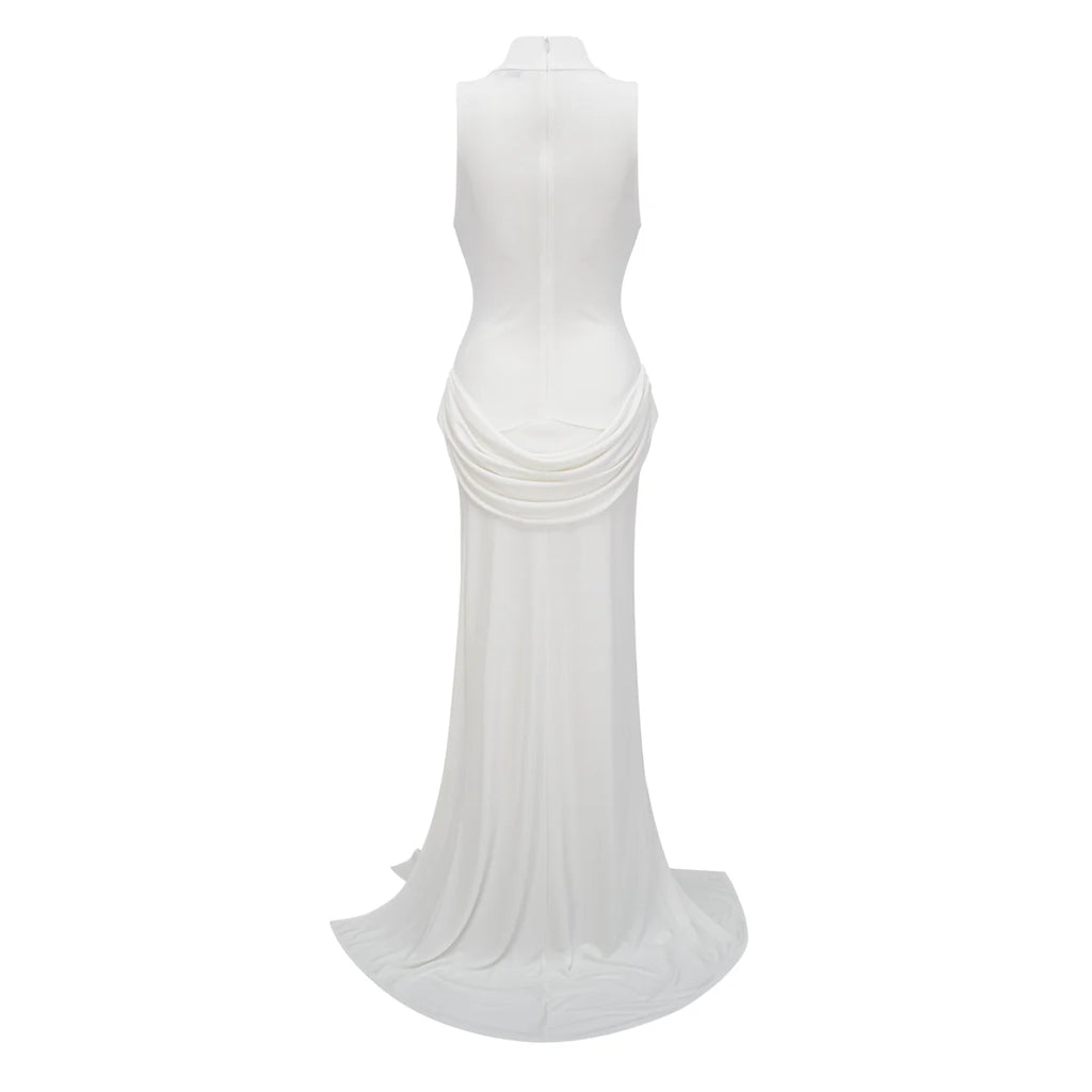 Mystérieuse White Turtleneck Draped Maxi Dress