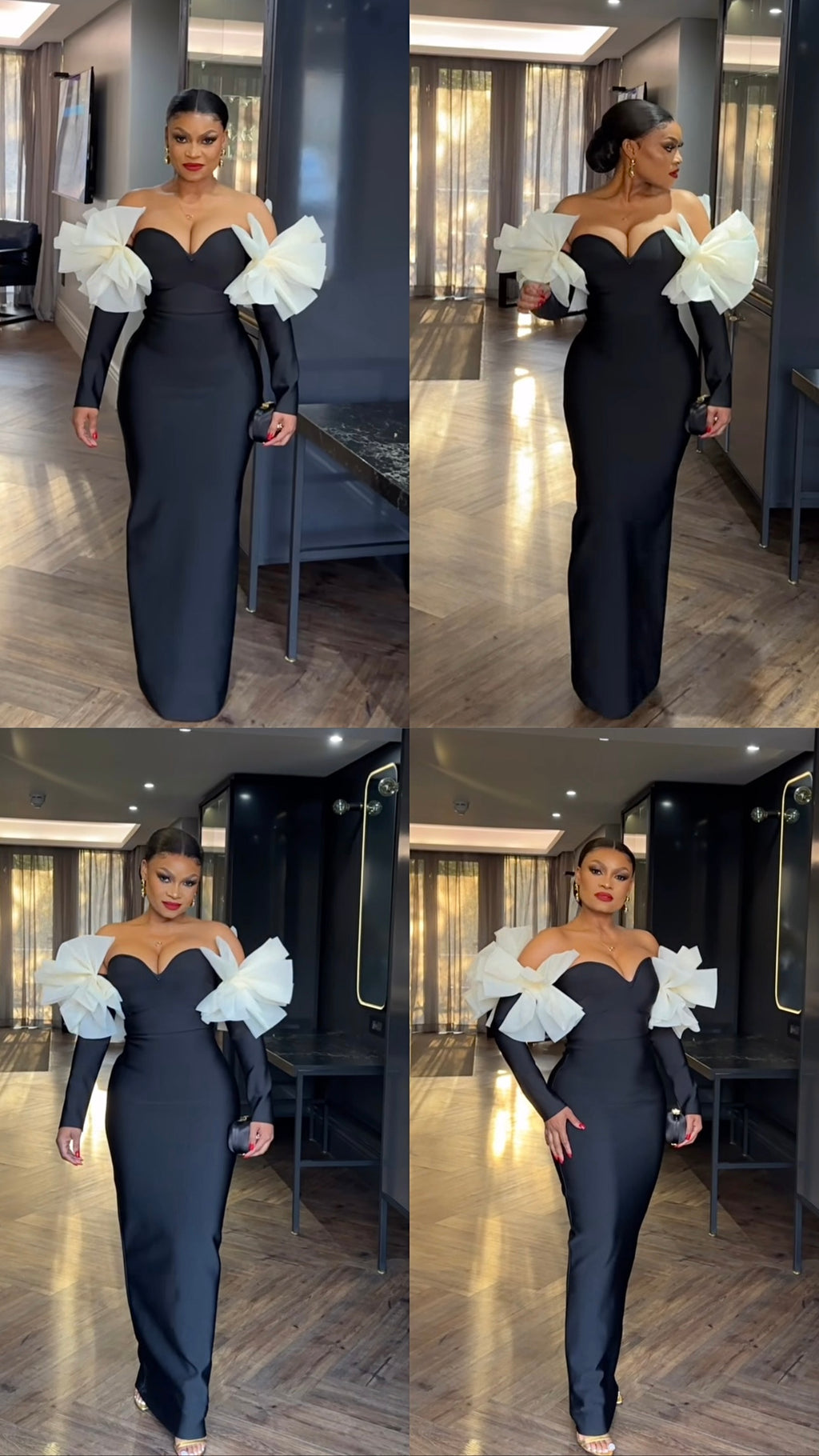 BLACK CREAM ROSE INSERT MIDI ELEGANT BANDAGE DRESS