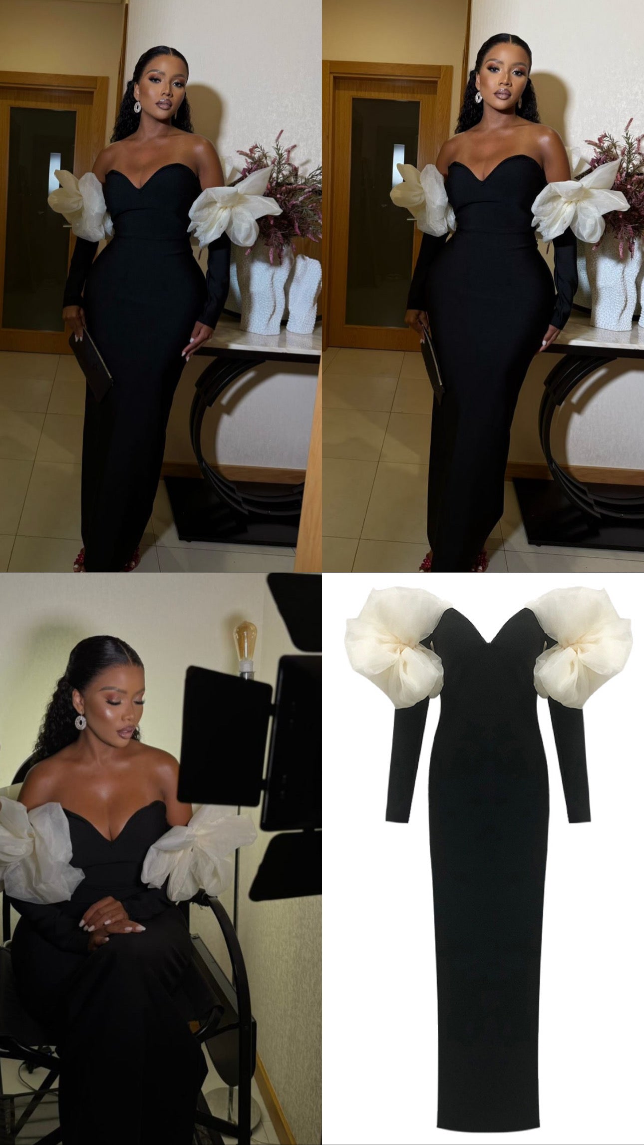 BLACK CREAM ROSE INSERT MIDI ELEGANT BANDAGE DRESS