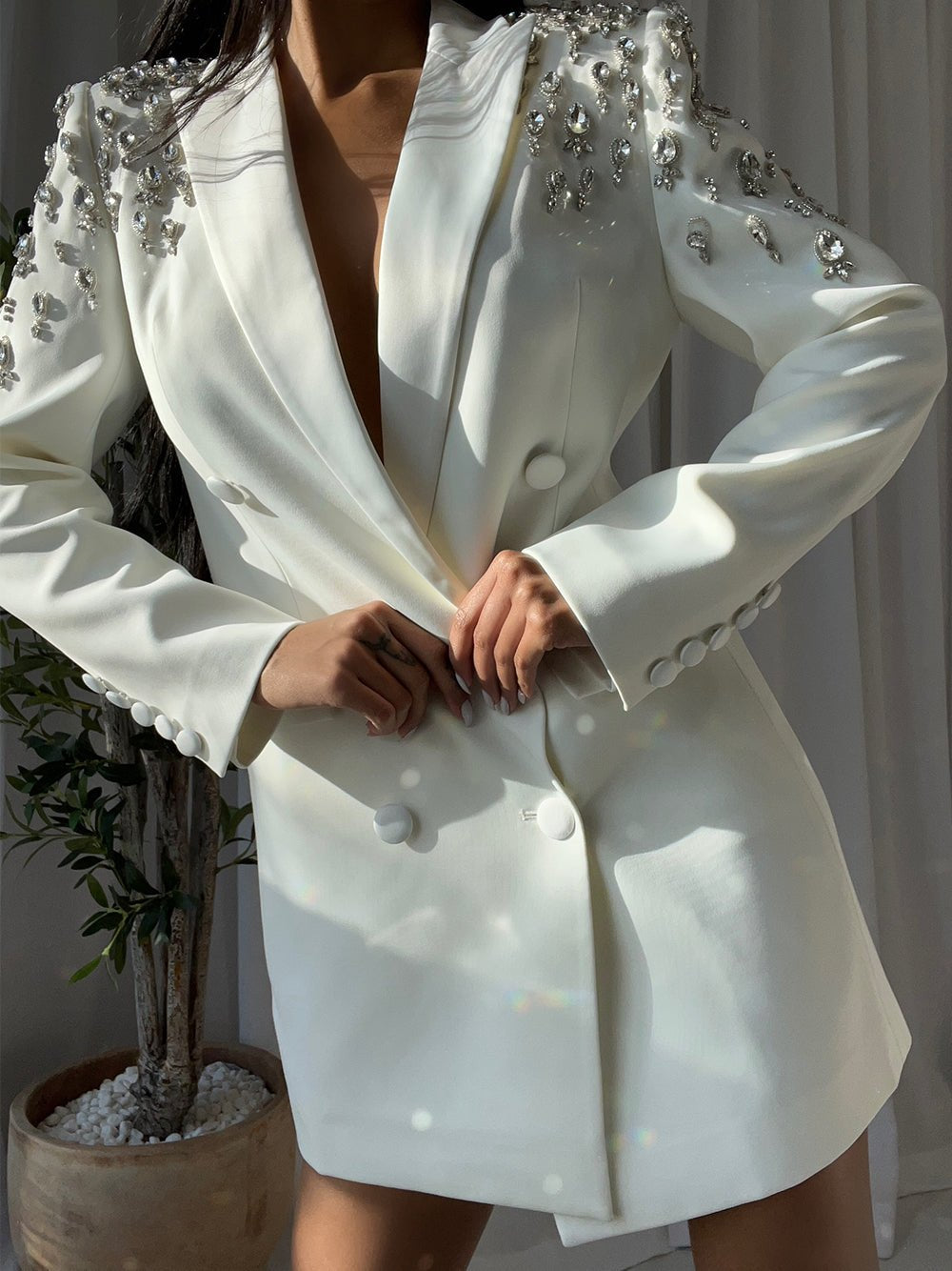 MESSA BEADED CADY MINI BLAZER DRESS IN WHITE