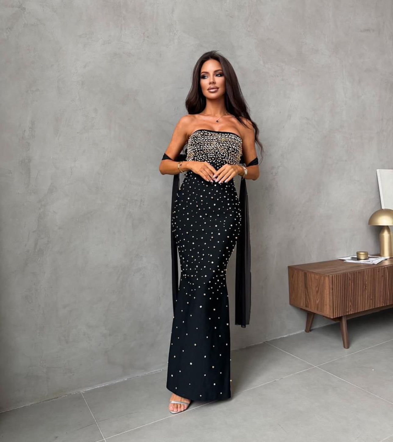 Bandage black dress with crystal and gold embroidery and a chiffon neck scarf