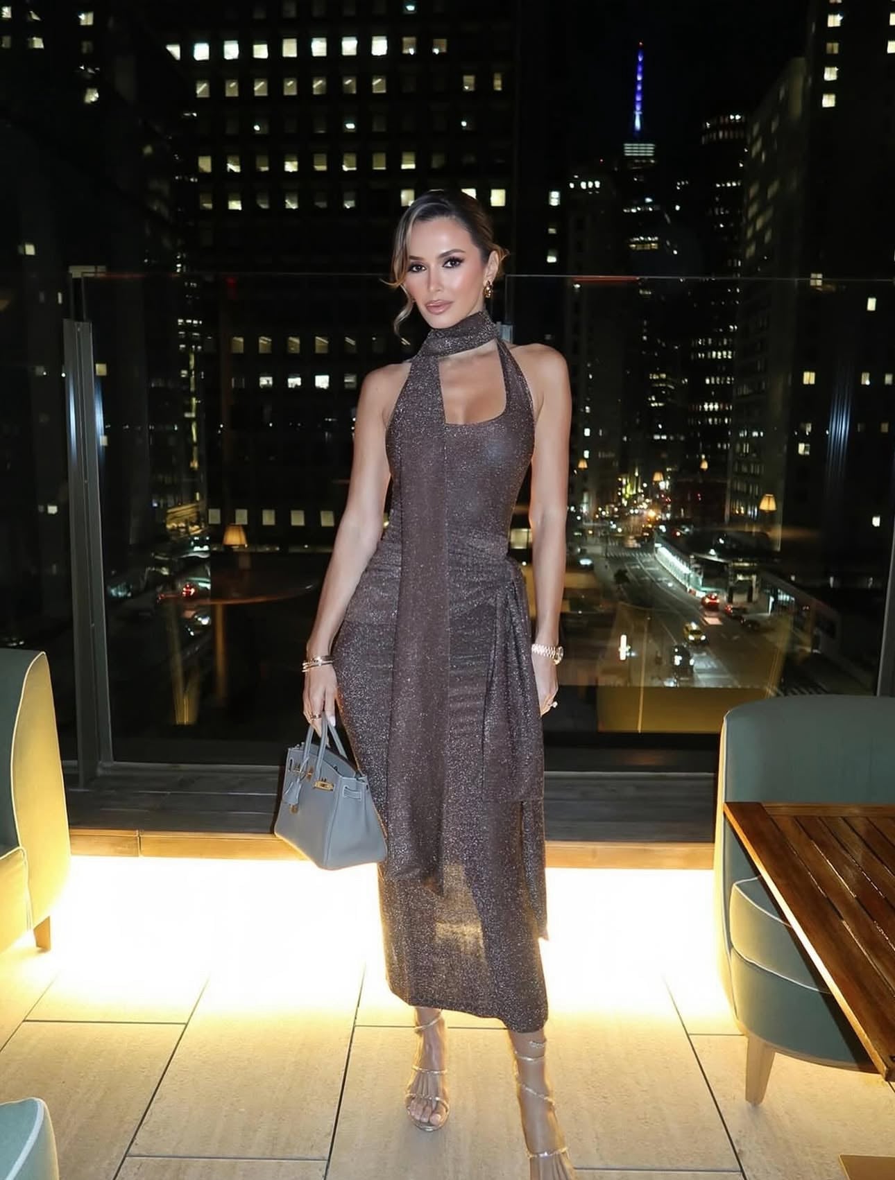 Halter Sparkly Maxi Dress Brown