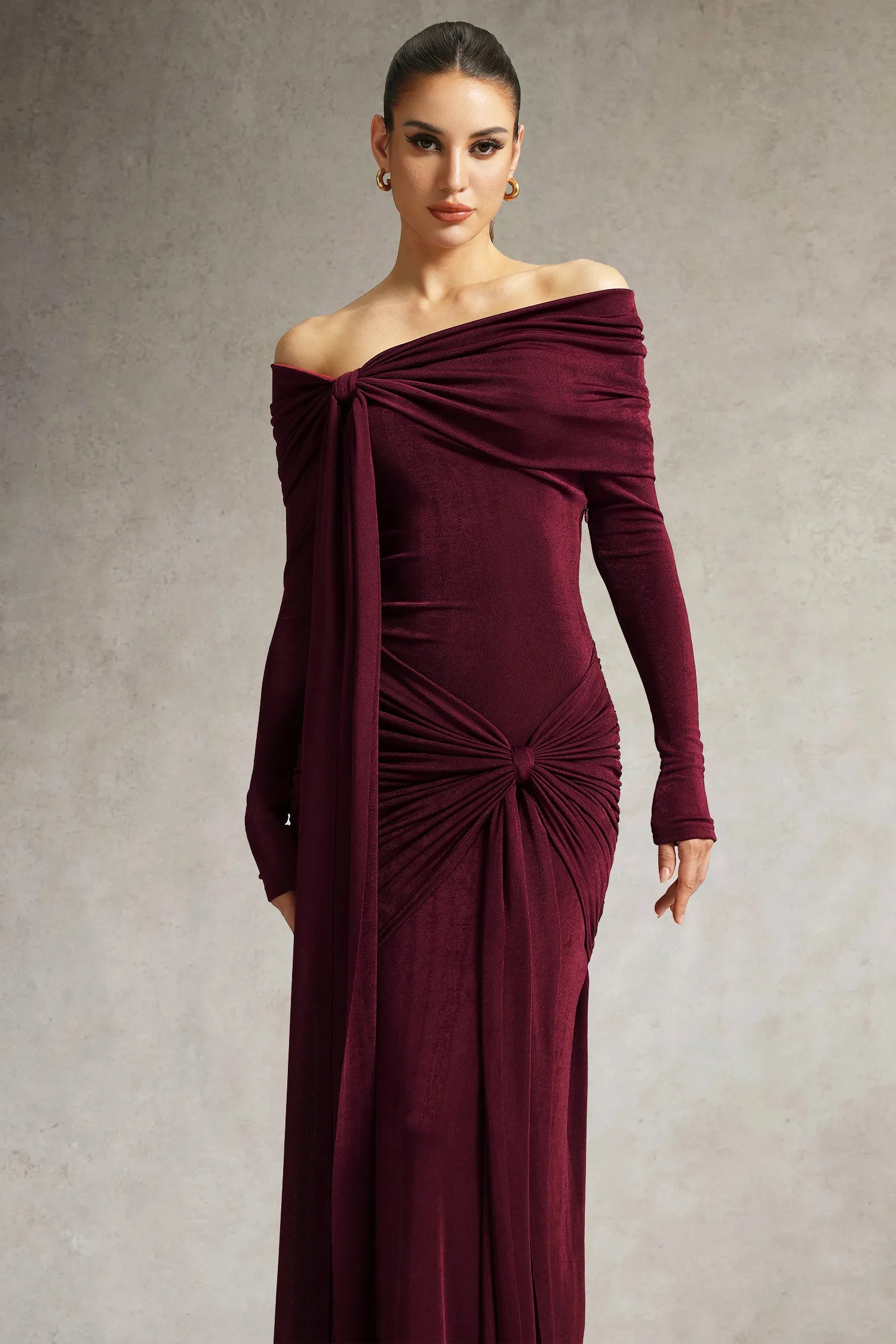 Jillian Off Shoulder Long Sleeve Ruched Red Maxi Dress