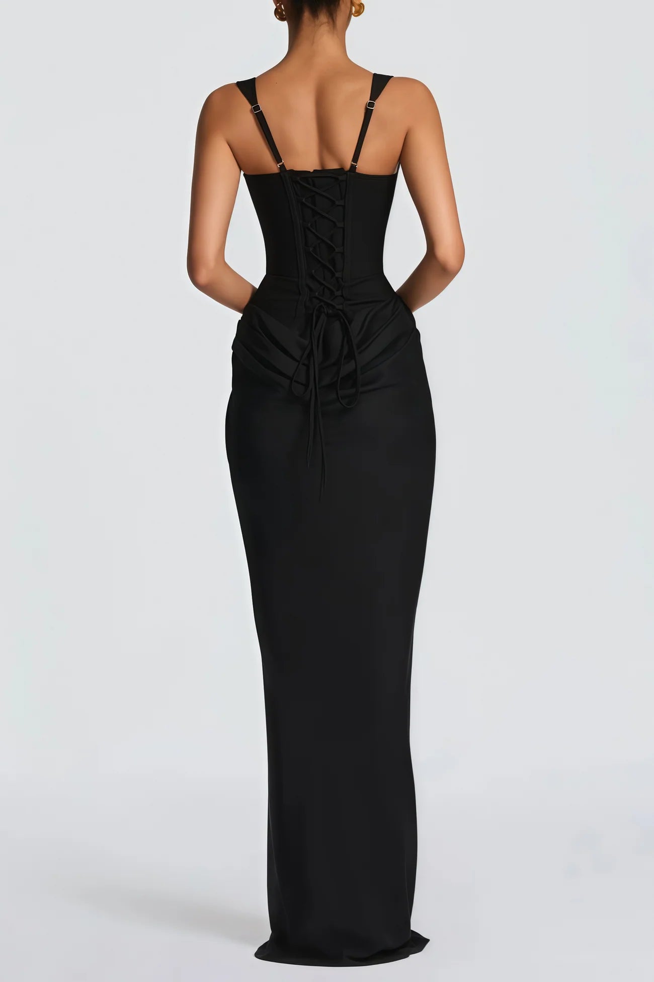 Paulette Black Ruched Corset Maxi Dress