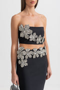 DIAMOND FLOWER ACCENT 2 PIECE SET WITH STRAPLESS TOP AND MAXI SKIRT - BLACK