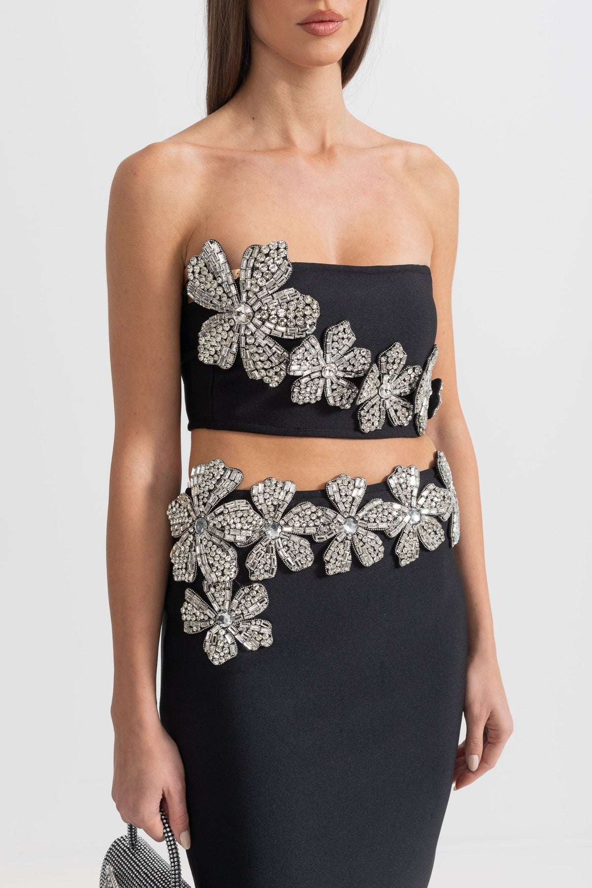 DIAMOND FLOWER ACCENT 2 PIECE SET WITH STRAPLESS TOP AND MAXI SKIRT - BLACK