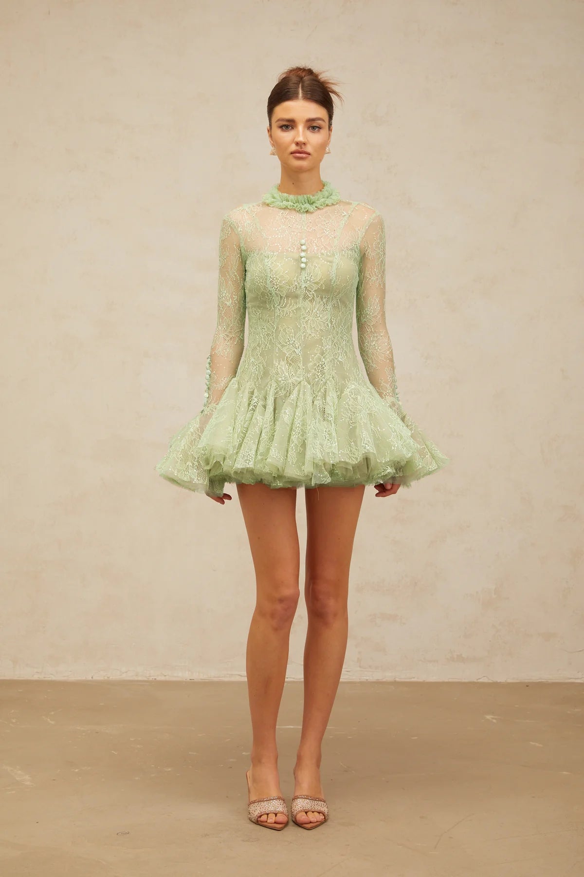 Mélodie green embroidered flared mini dress