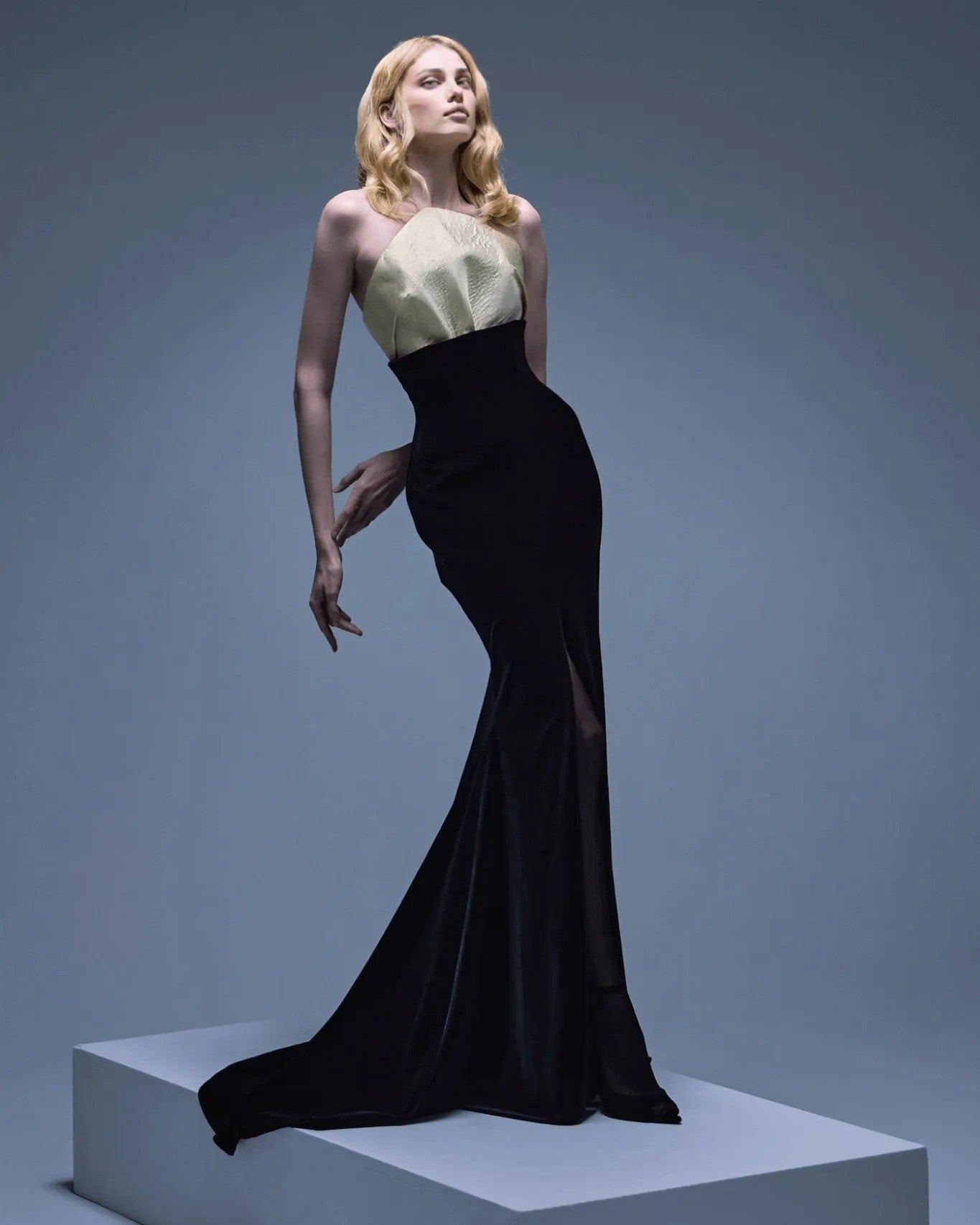 Strapless Mermaid Maxi Velvet Dress Black Ivory
