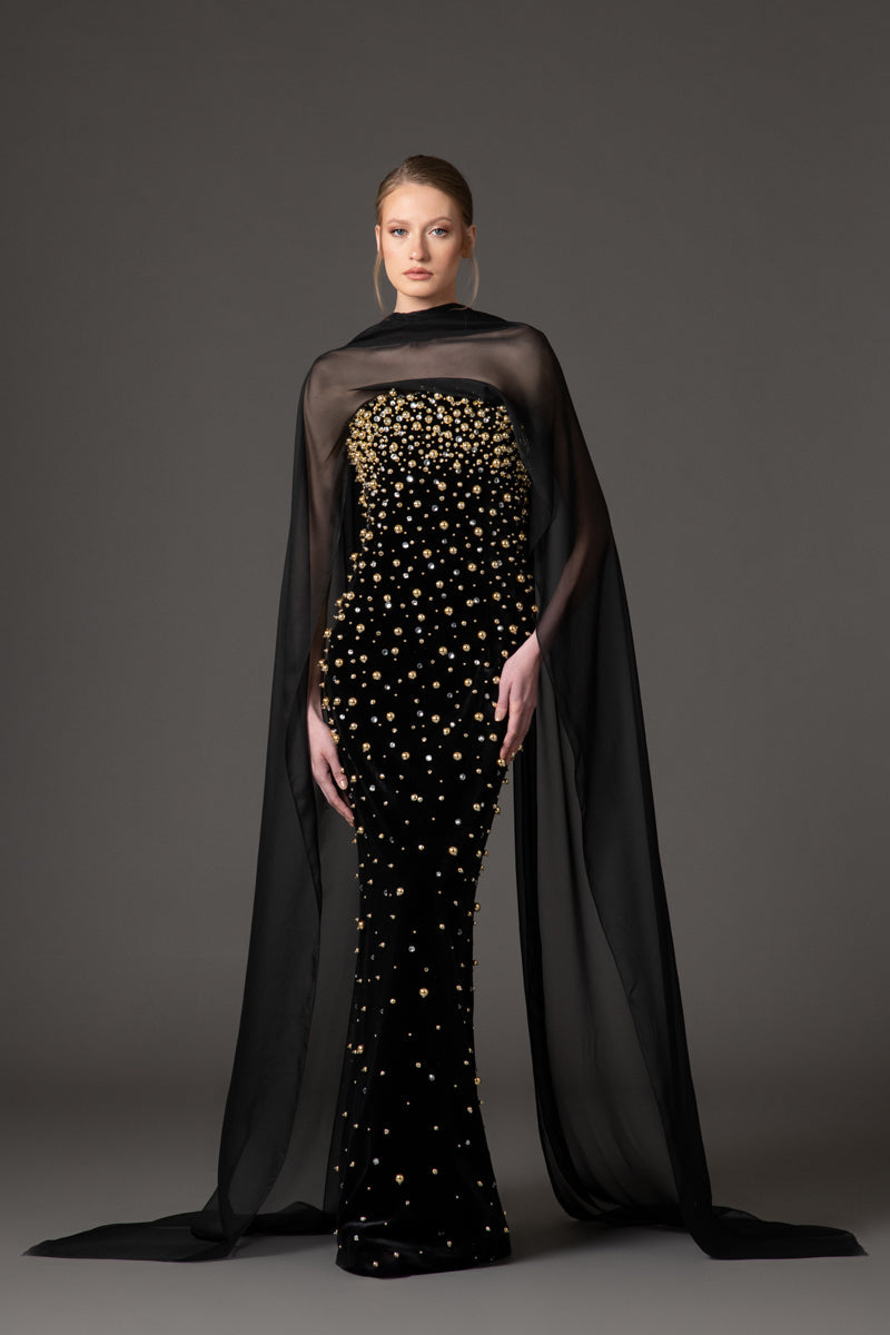 Bandage black dress with crystal and gold embroidery and a chiffon neck scarf