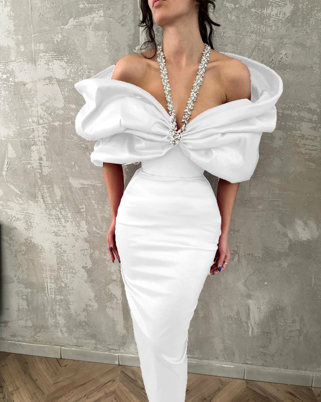 Halter Crystal Draped Bardot Maxi Dress White