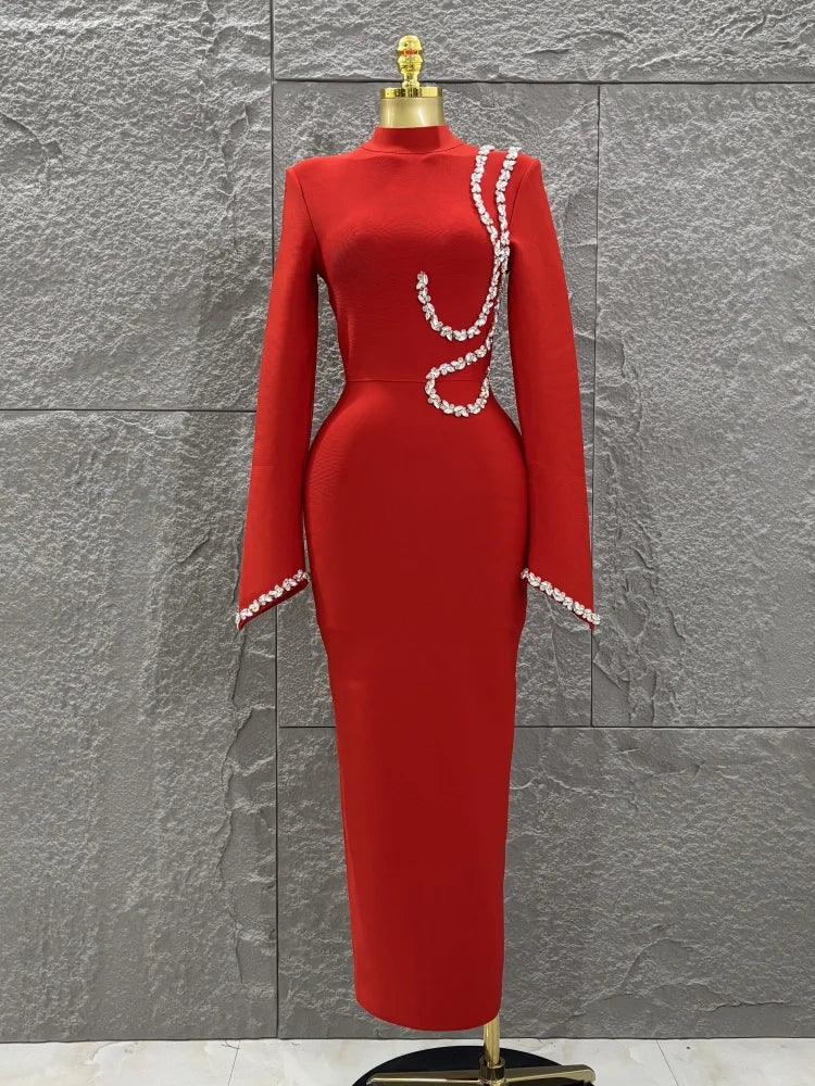 Black Red Women Long Sleeve Shinning Crystal Bodycon