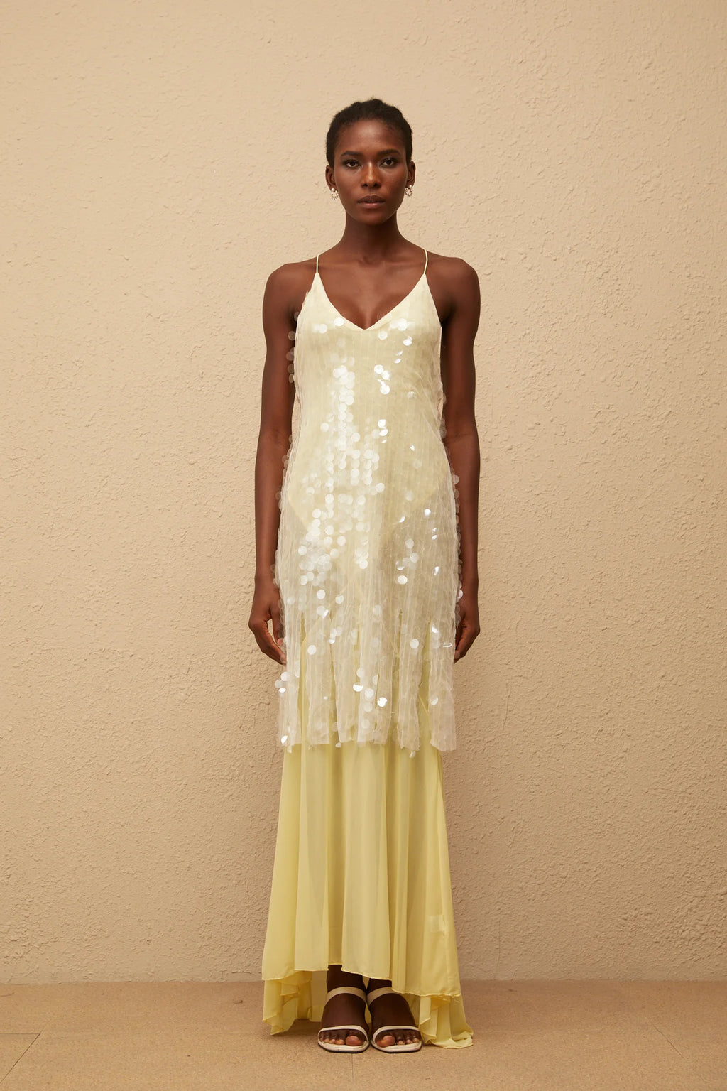 Joyau Yellow Sequin Mesh Maxi Dress