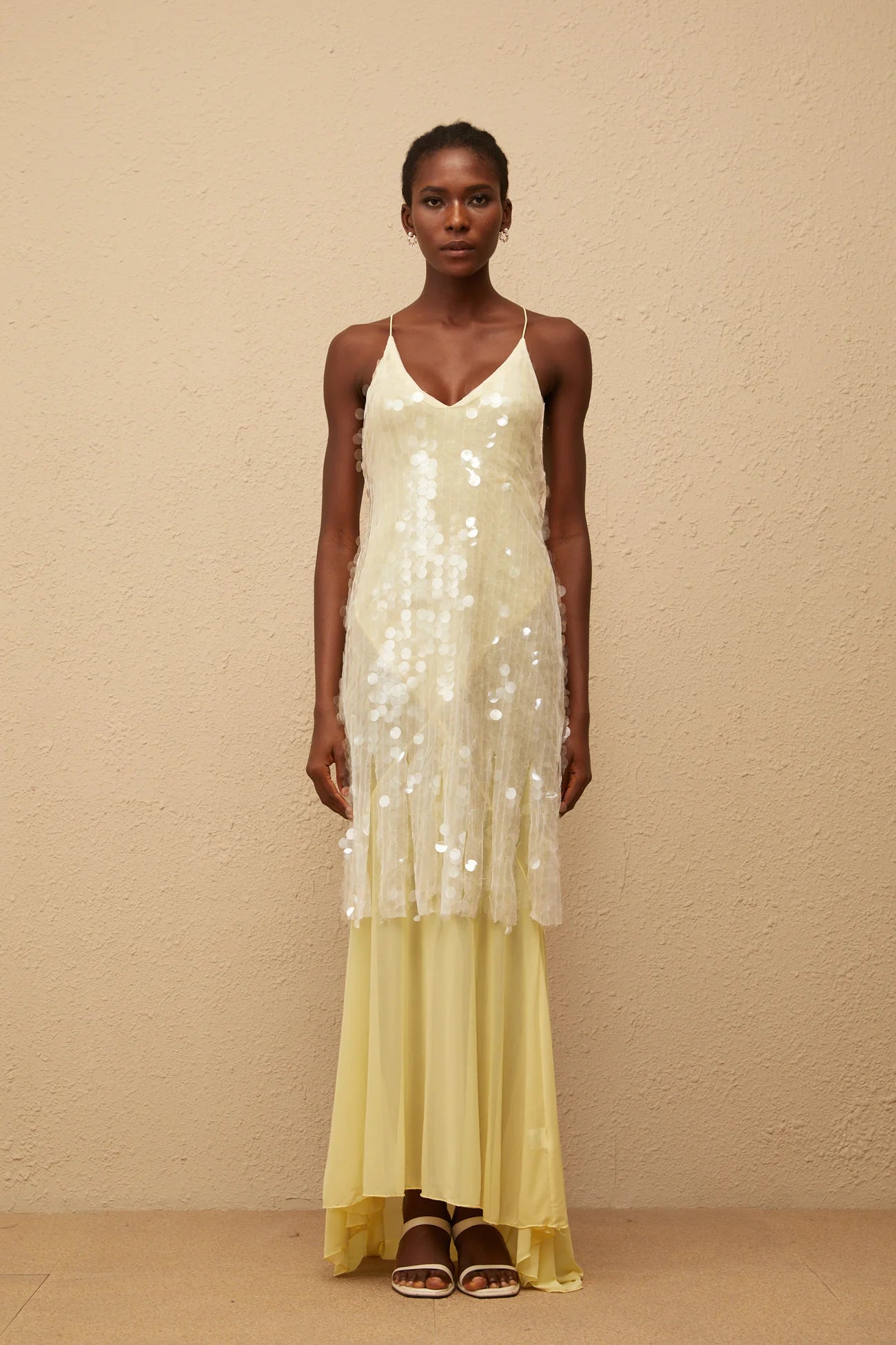 Joyau Yellow Sequin Mesh Maxi Dress