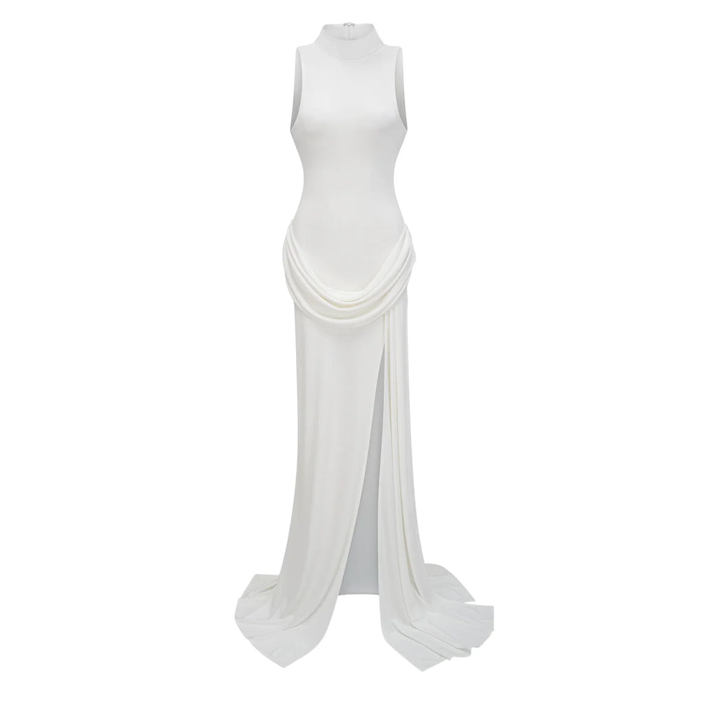 Mystérieuse White Turtleneck Draped Maxi Dress