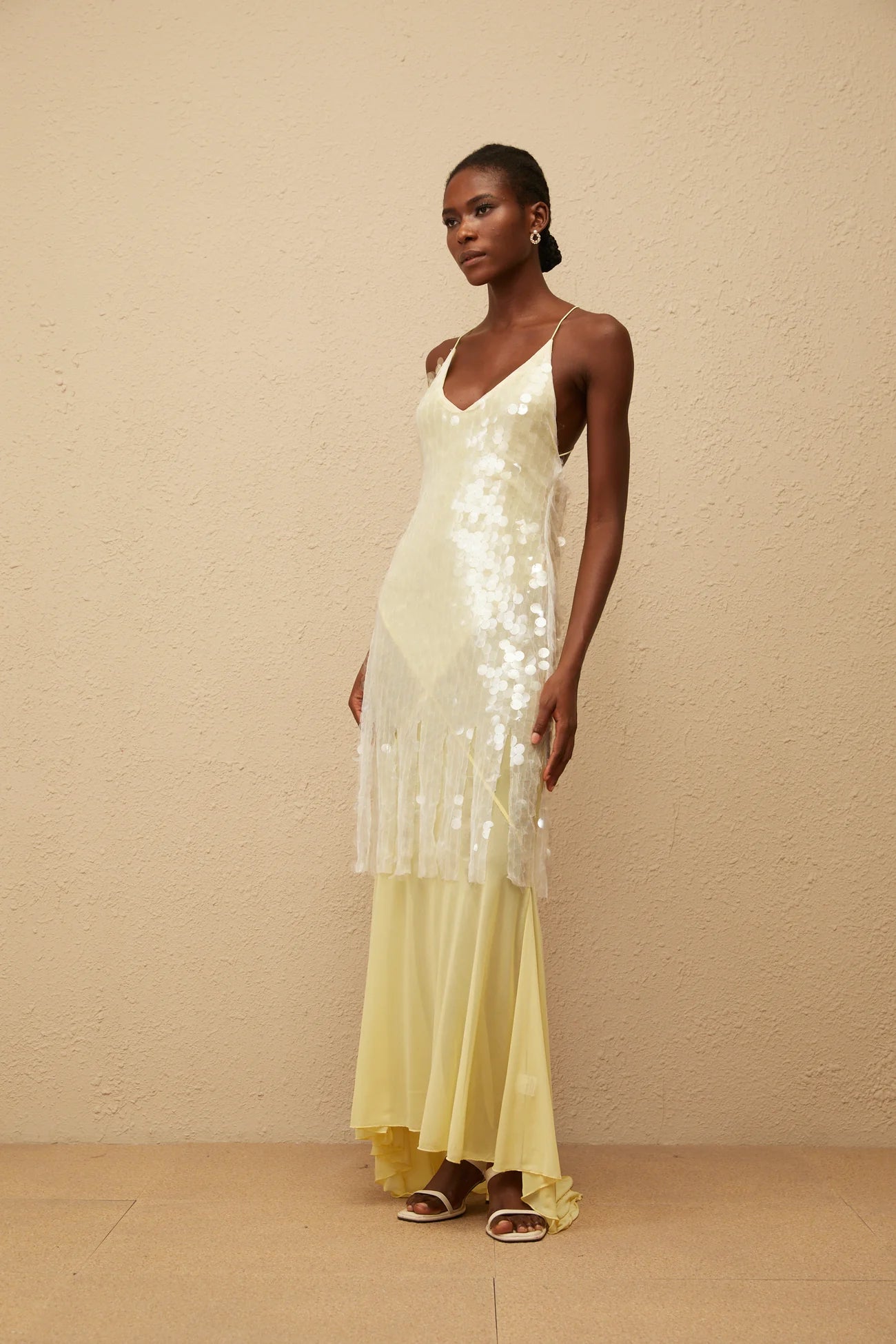 Joyau Yellow Sequin Mesh Maxi Dress