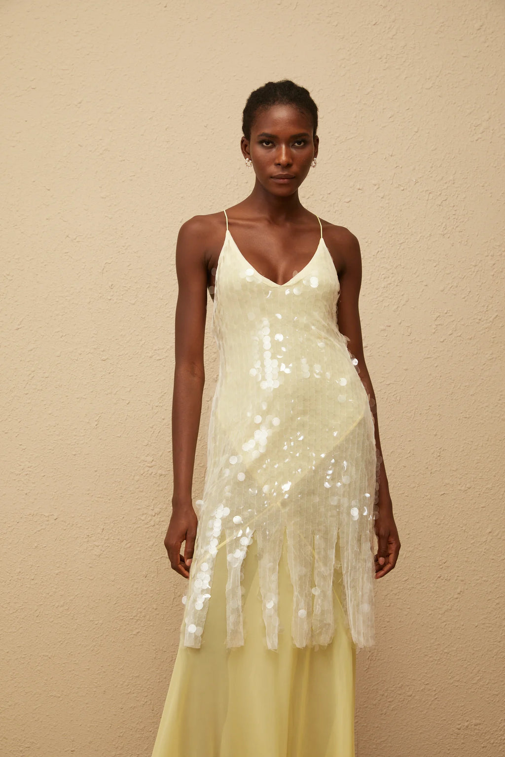 Joyau Yellow Sequin Mesh Maxi Dress