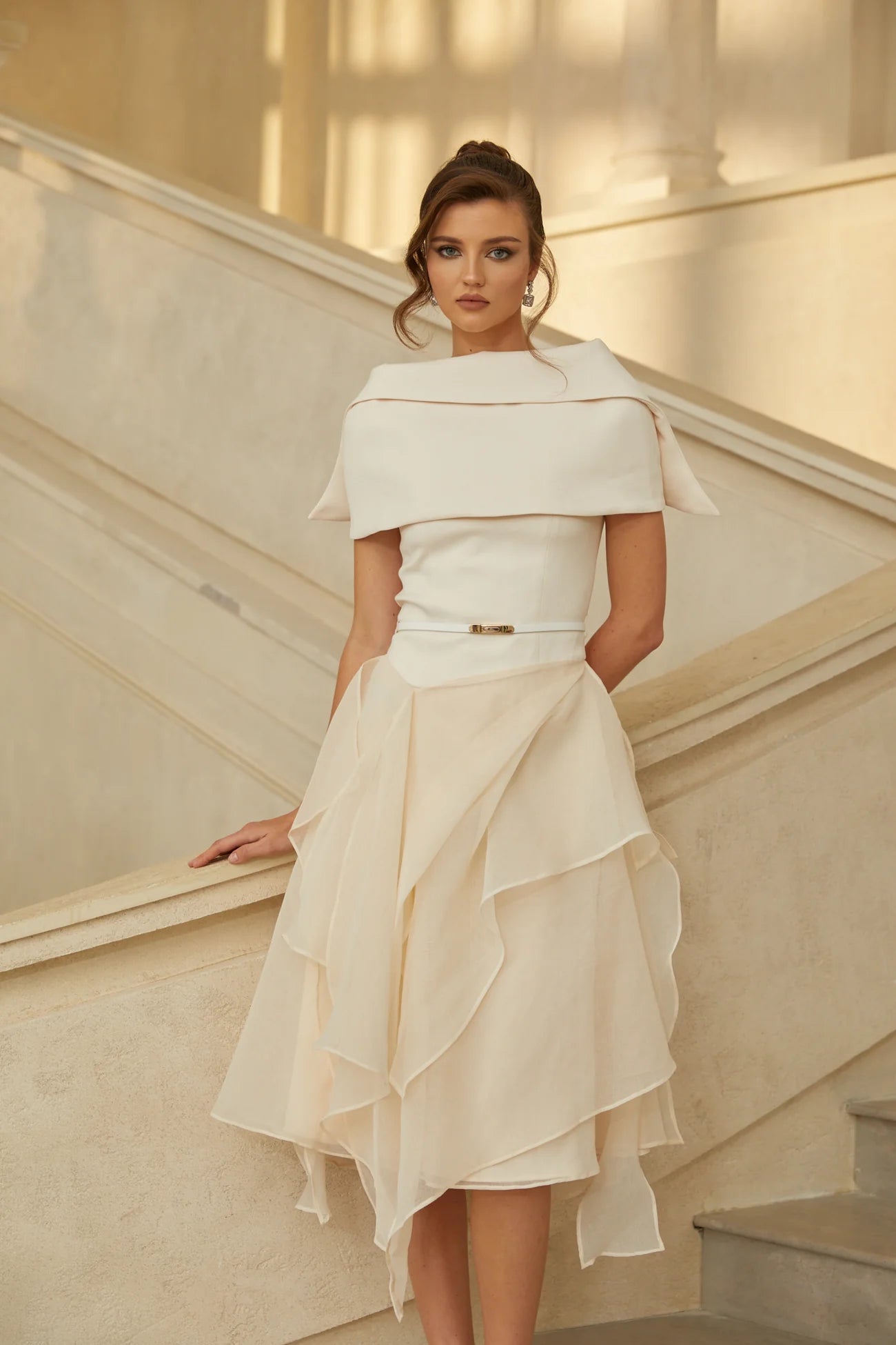 Aria White Asymmetrical Shawl & Tulle Panel Dress Set