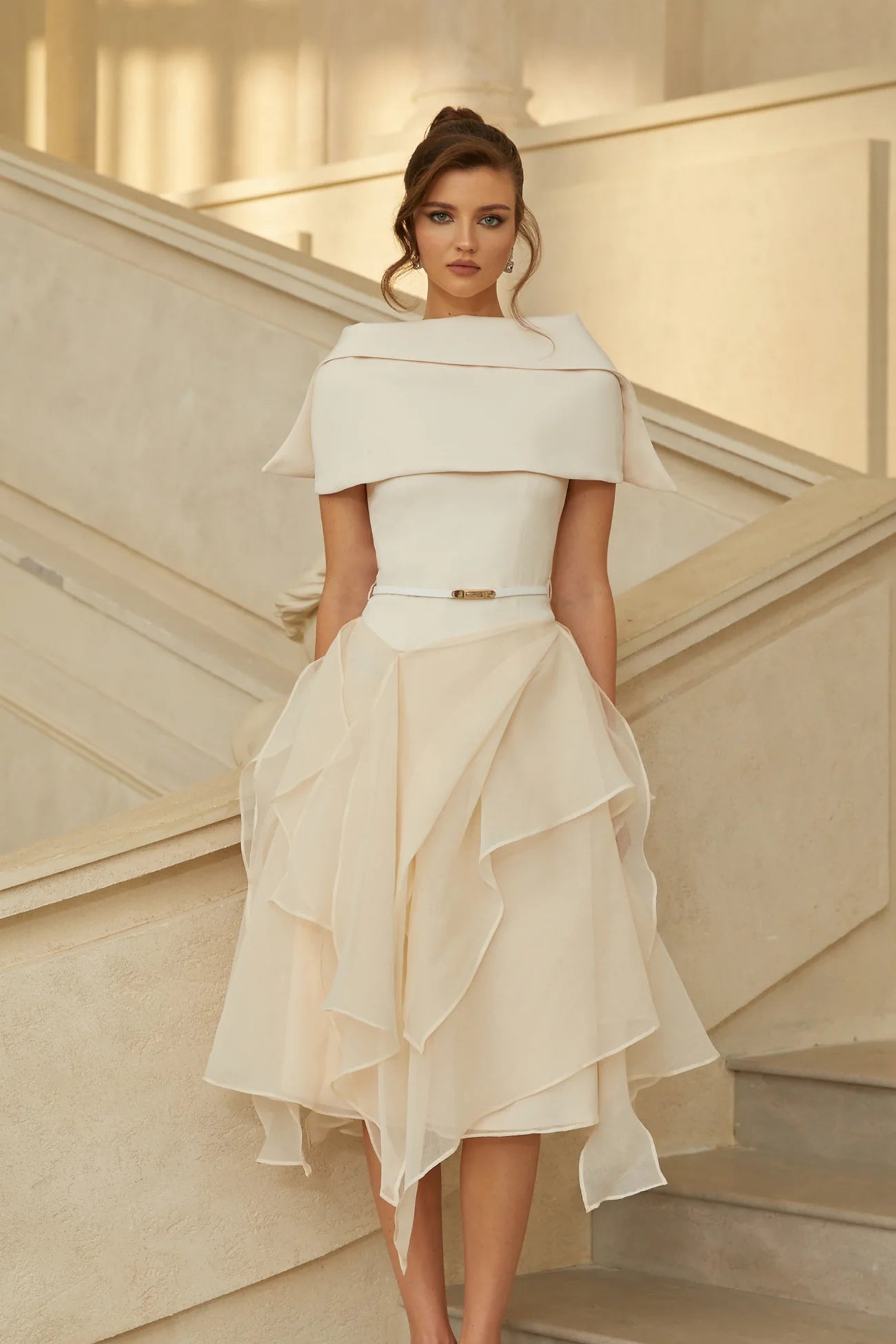 Aria White Asymmetrical Shawl & Tulle Panel Dress Set