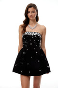 Gabrielle Black Strapless Crystal Embellished Mini Dress