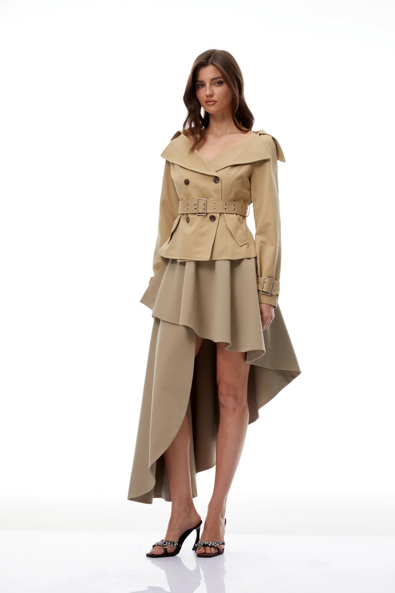 Kayla Khaki Double-Breasted Short Trench Coat