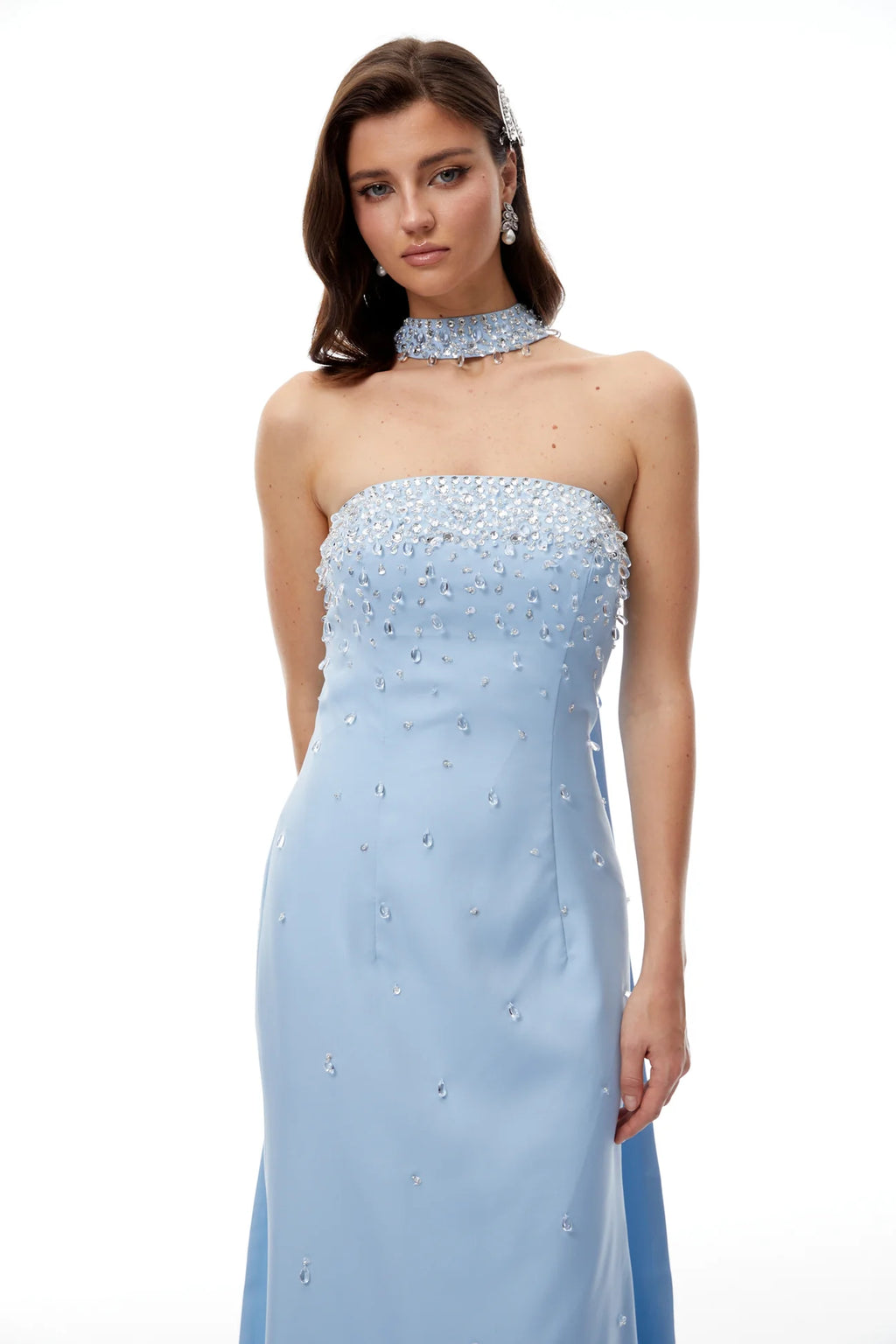 Arianna Blue Scarf Detail Embellished Maxi Gown