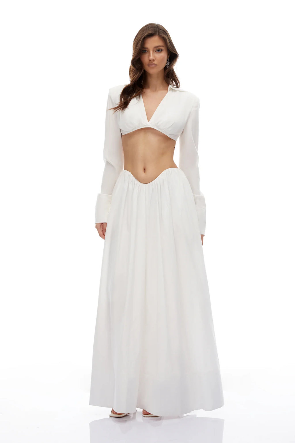 Caterina White Shirred Shirt & Skirt Set