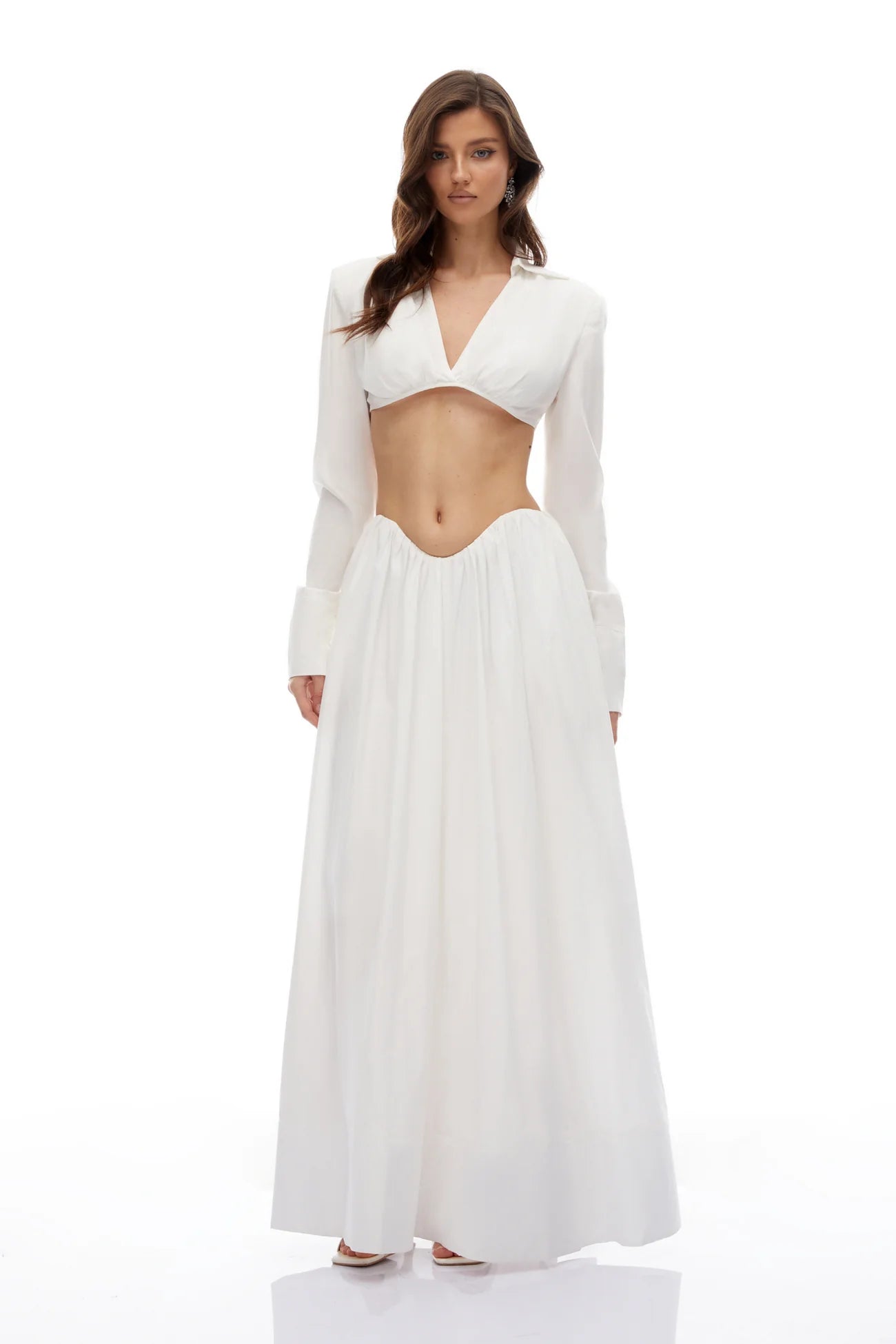 Caterina White Shirred Shirt & Skirt Set