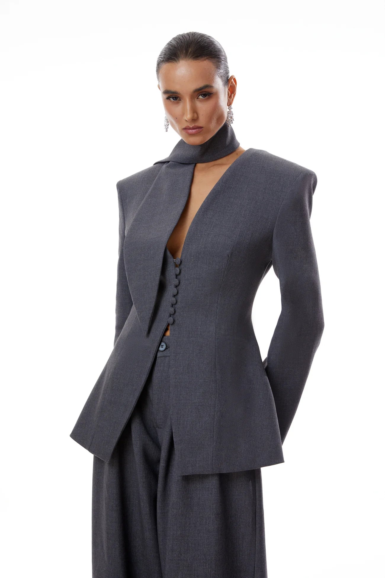 Neve Grey V-Neck Tailored Blazer