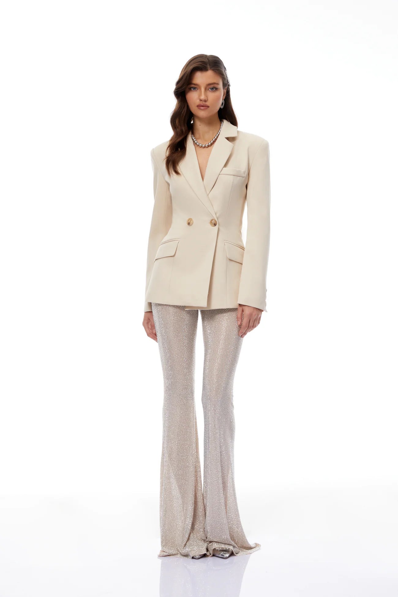 Edda Cream Double-Breasted Blazer & Rhinestone Trousers Set