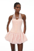 Constance Pink Halterneck Oraganza Panel Satin Mini Dress