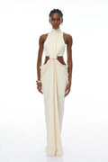 Joaquín Neutral Braid Detail Ruched Dress Maxi